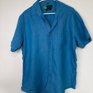 Linen Park Men’s Blue 100% Linen Button Down Shirt Smart Fit Size L